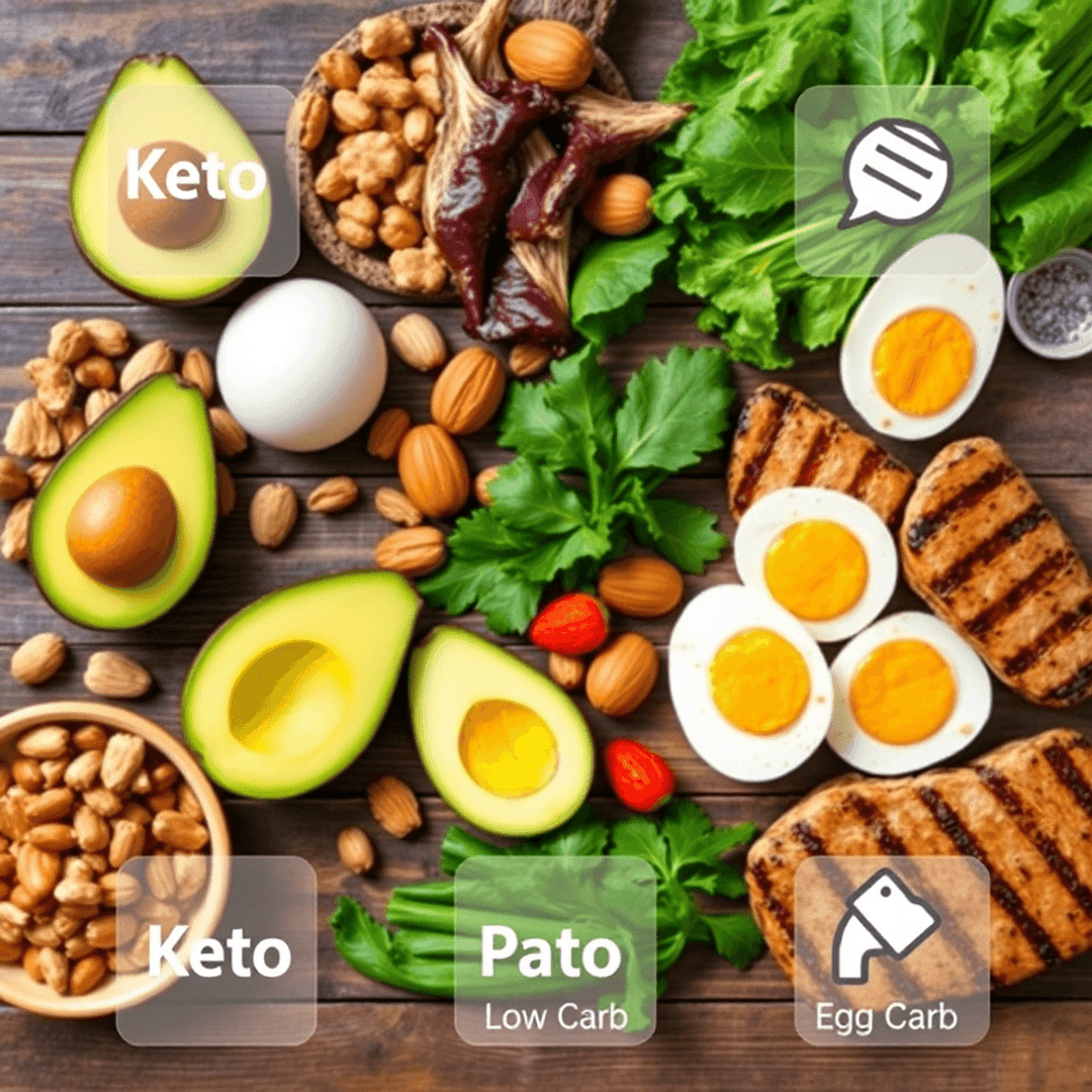 Flat lay of healthy low-carb foods like avocados, nuts, greens, eggs, and grilled meats on a rustic wooden table with subtle diet icons overlay.