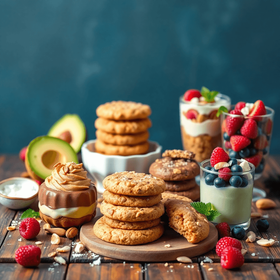 Assortment of colorful vegan, keto, and diabetic-friendly desserts on a rustic wooden table with nuts, berries, and coconut scattered around.
