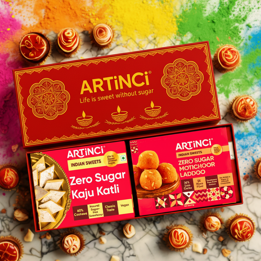 ARTiNCi box of Indian sweets with Kaju Katli and Motichoor Ladoo on a decorative background.