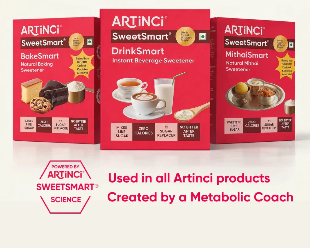 Three Artinci SweetSmart product boxes on a white background with promotional text.